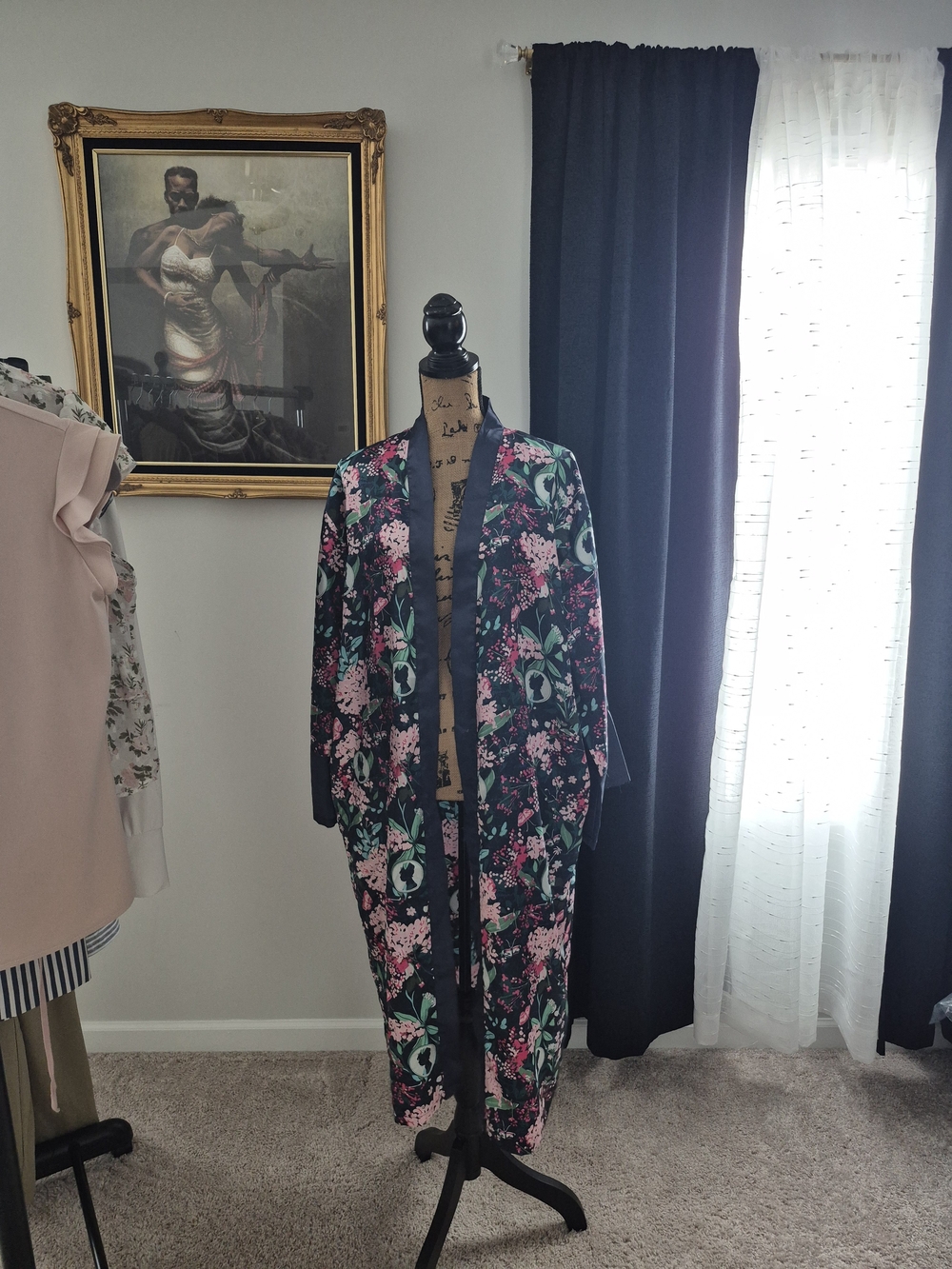 & Other Stories Navy Floral Long Kimono Robe with Pink & Green Blossoms